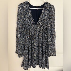 Urban Outfitters Lucca Low V-Neck Elastic Waist Mini Dress with Bell Sleeves XS